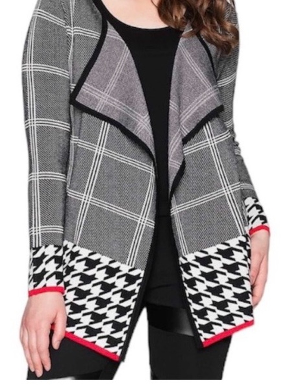 VENUS Gray Plaid & Houndstooth Open Cardigan with Red Trim